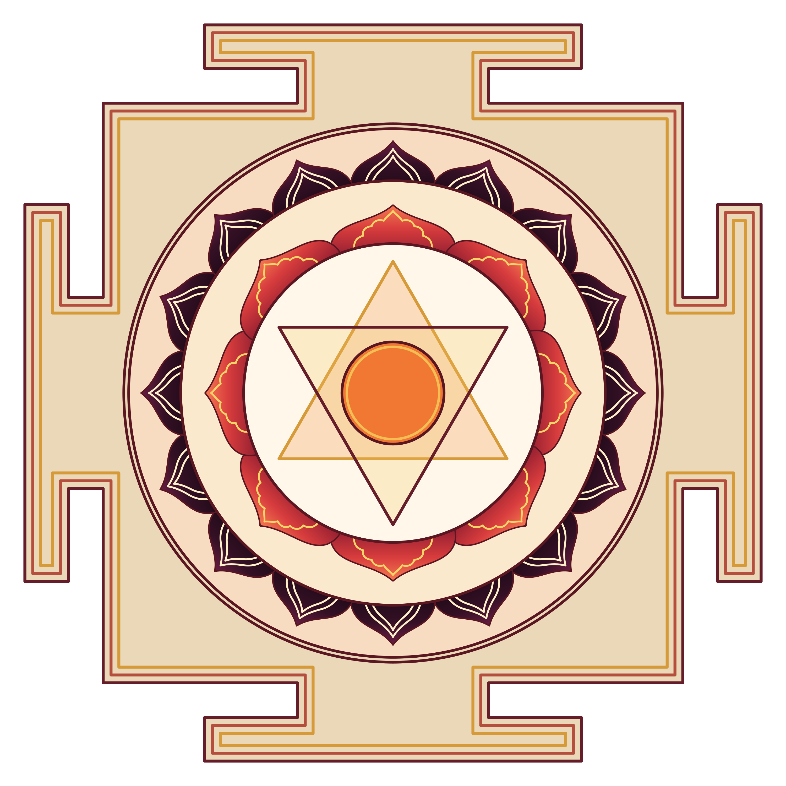 Bhuvaneśvarī yantra in cream, red, gold, and deep purple, with intersecting triangles, eight- and sixteen-petalled lotuses, and four outer gates.