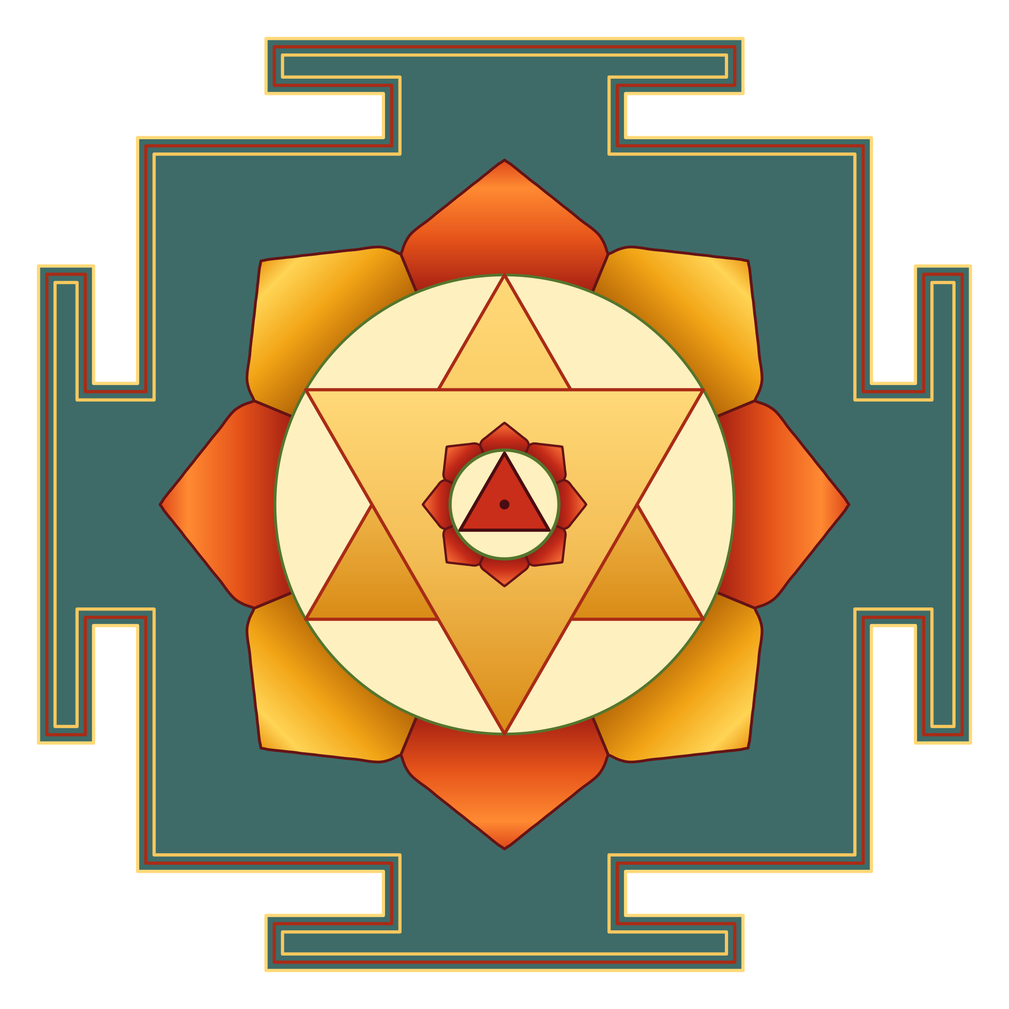 Maha Ganesha yantra in gold, red, and teal, with a central point, triangles, lotus petals, and an outer enclosure.