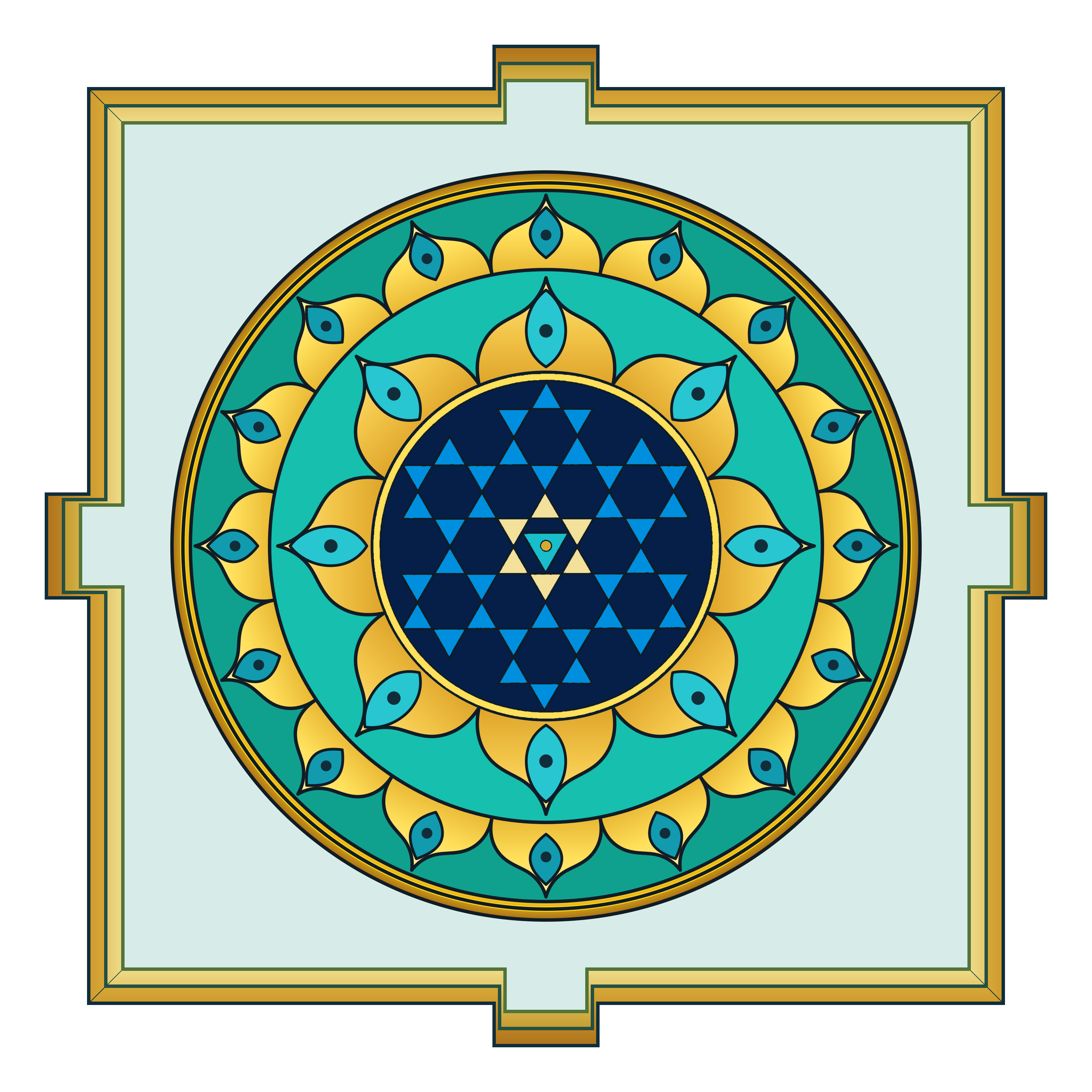 Murugan yantra in gold, teal, and blue, with a central triangular lattice, two lotus rings, and four outer gates.